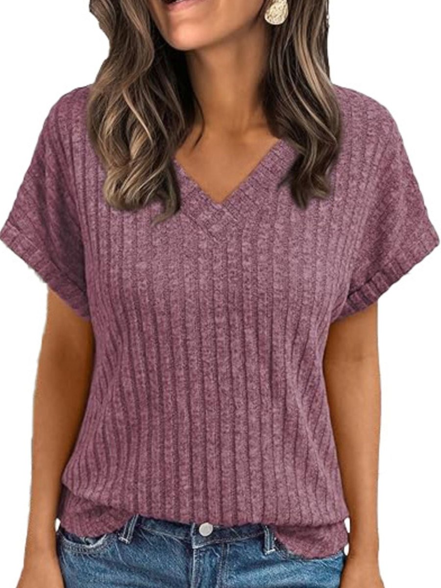 Ribbed Knit V - Neck Relaxed Fit T-Shirt - Wow Store