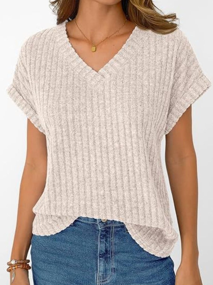 Ribbed Knit V - Neck Relaxed Fit T-Shirt - Wow Store