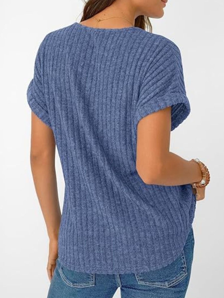 Ribbed Knit V - Neck Relaxed Fit T-Shirt - Wow Store
