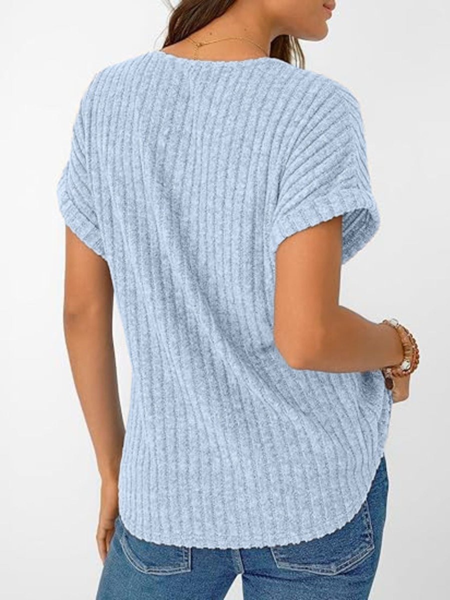Ribbed Knit V - Neck Relaxed Fit T-Shirt - Wow Store