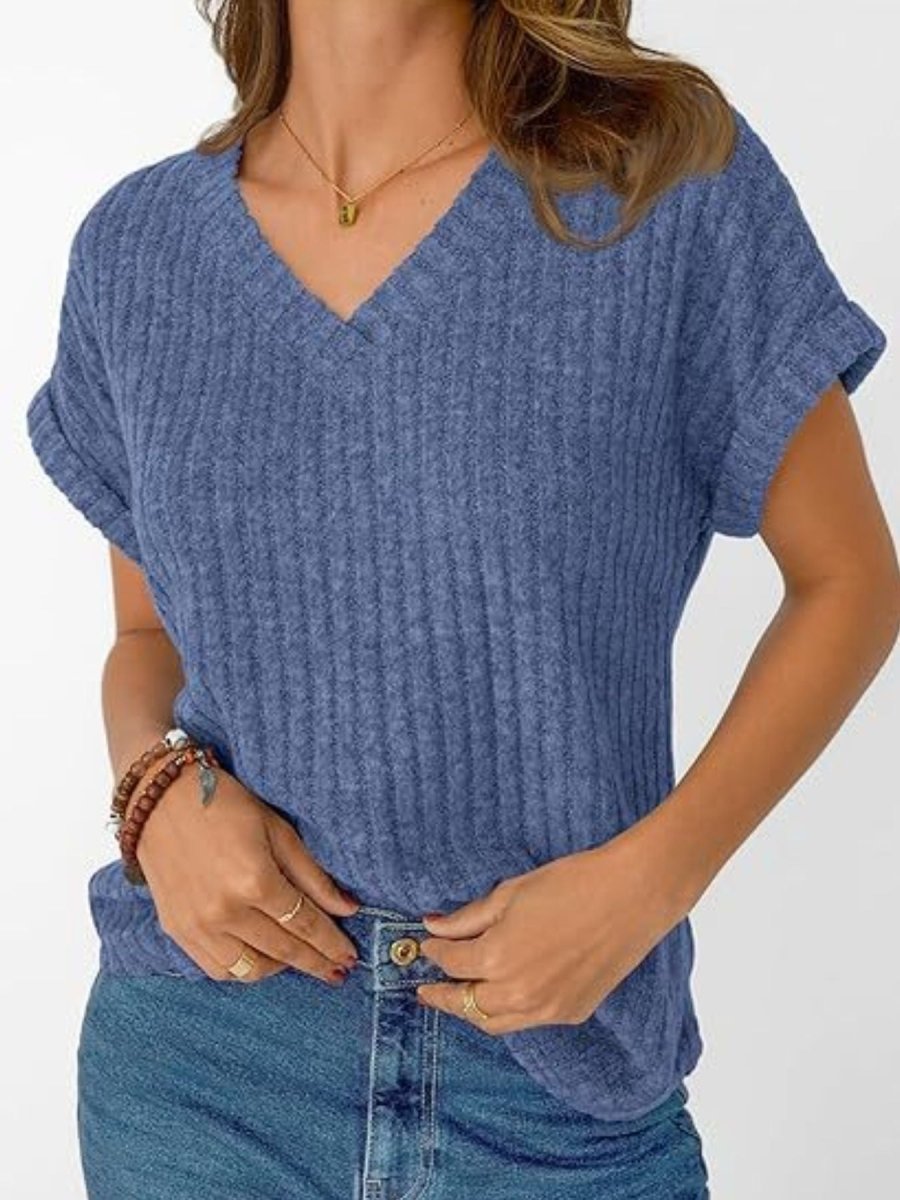 Ribbed Knit V - Neck Relaxed Fit T-Shirt - Wow Store