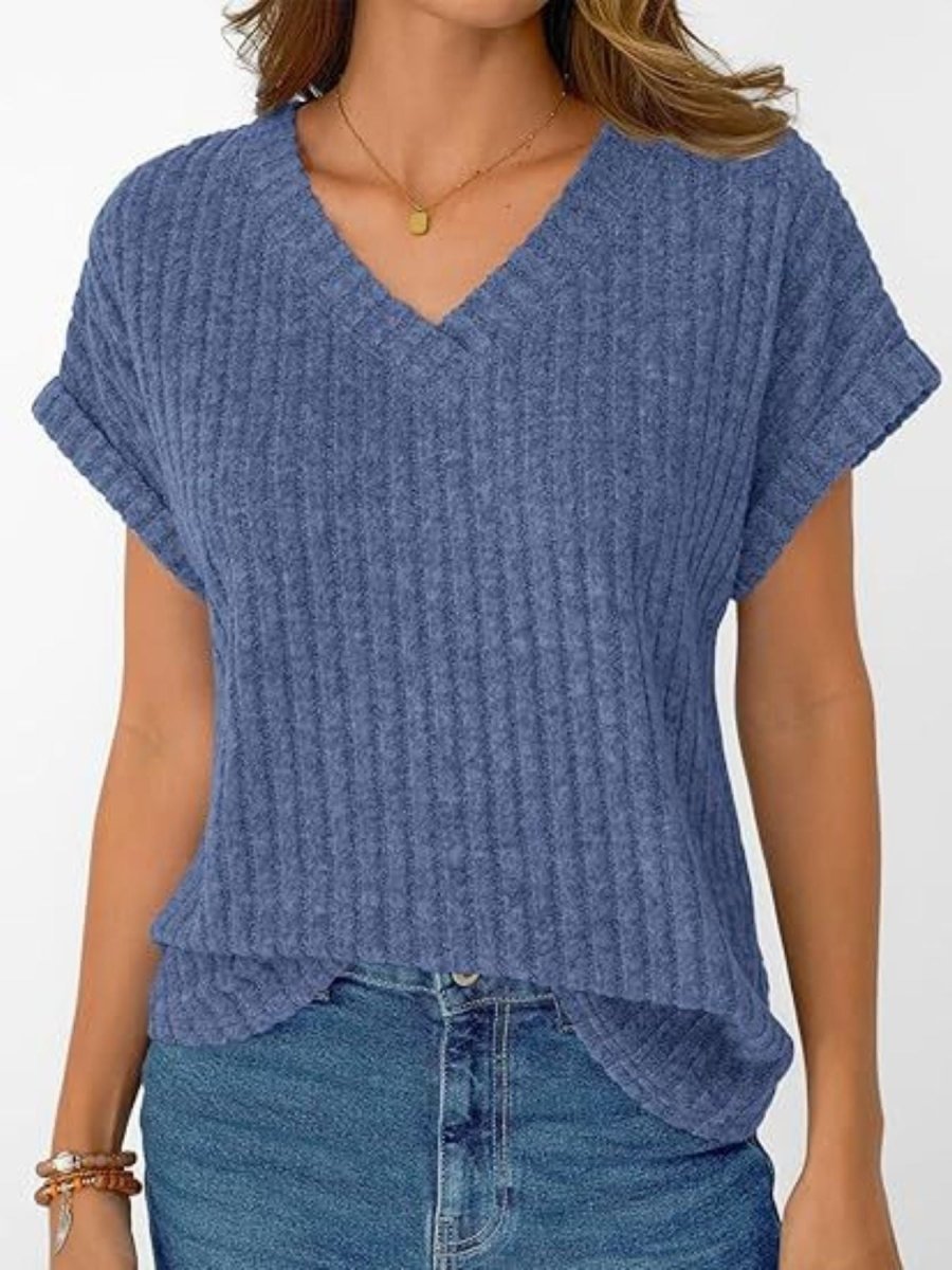 Ribbed Knit V - Neck Relaxed Fit T-Shirt - Wow Store