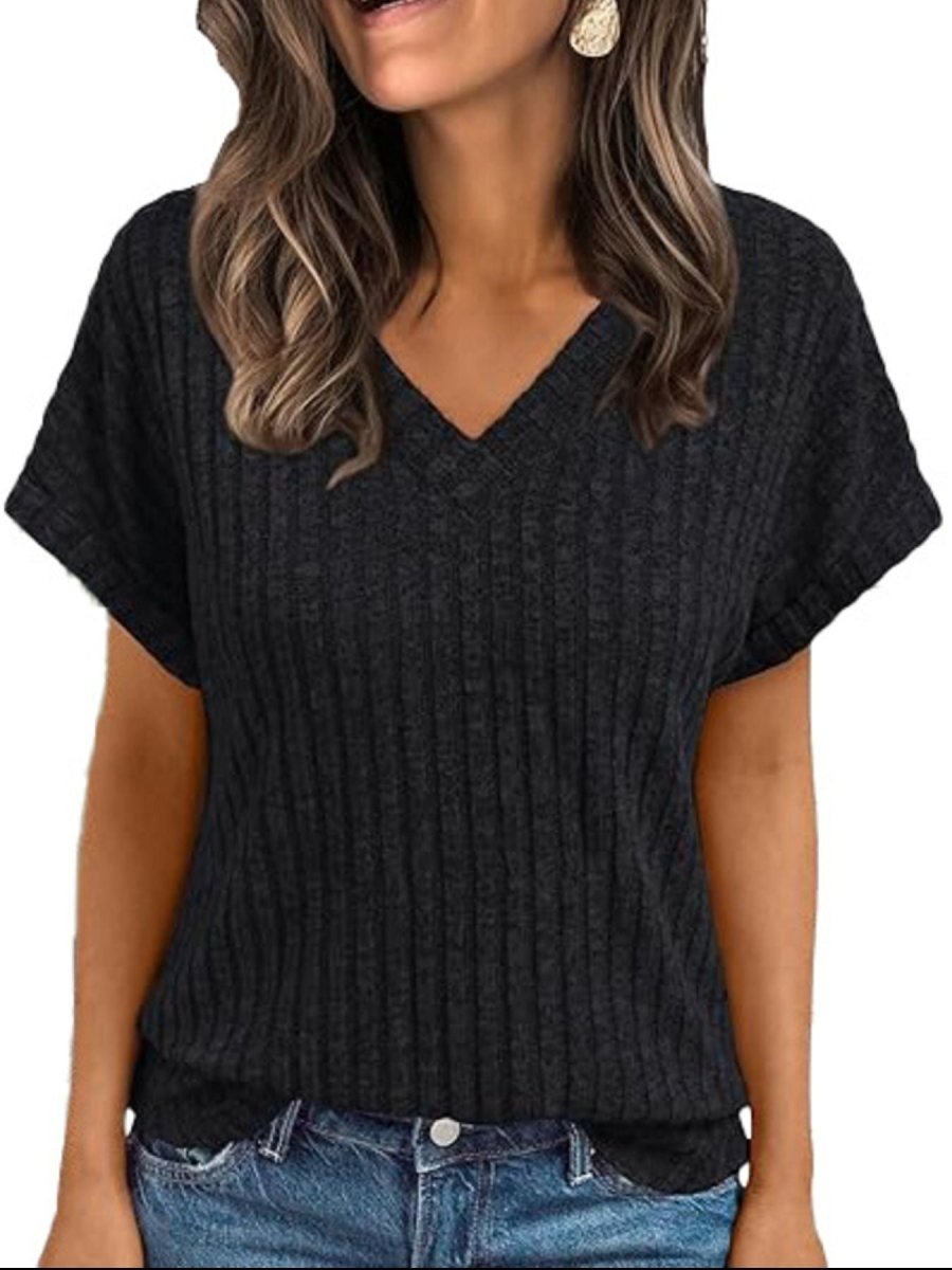 Ribbed Knit V - Neck Relaxed Fit T-Shirt - Wow Store