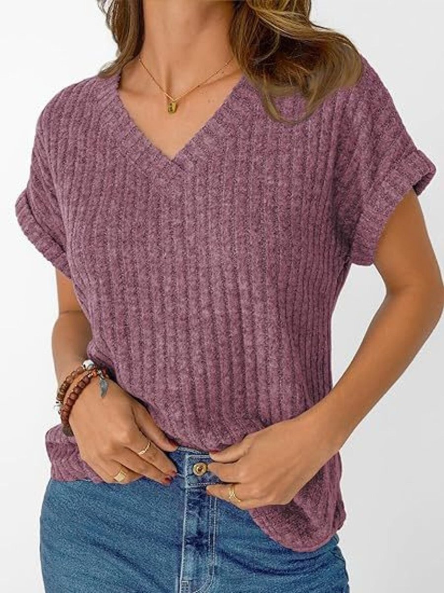 Ribbed Knit V - Neck Relaxed Fit T-Shirt - Wow Store