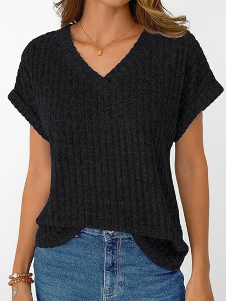 Ribbed Knit V - Neck Relaxed Fit T-Shirt - Wow Store