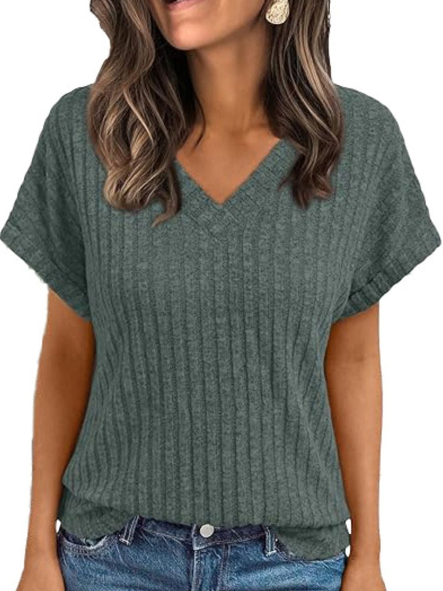 Ribbed Knit V - Neck Relaxed Fit T-Shirt - Wow Store