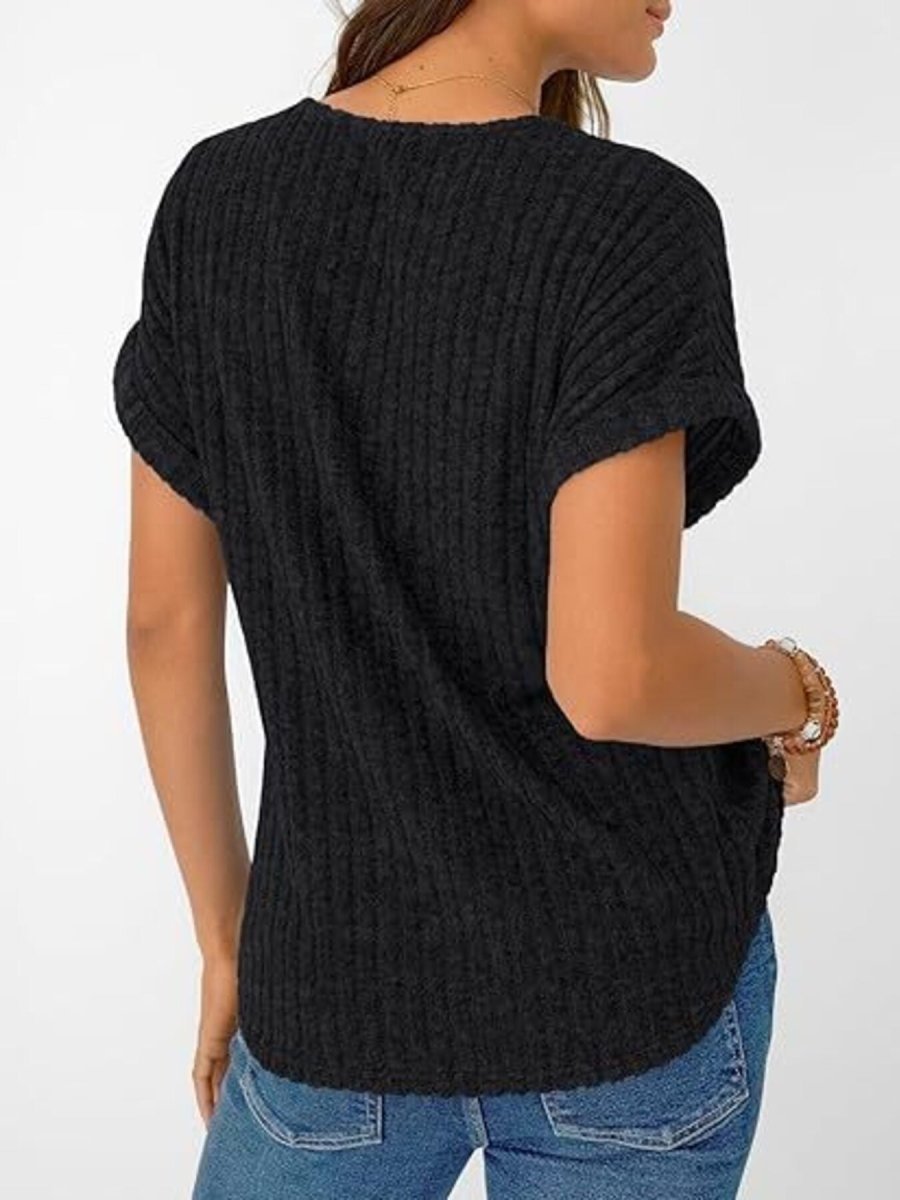 Ribbed Knit V - Neck Relaxed Fit T-Shirt - Wow Store