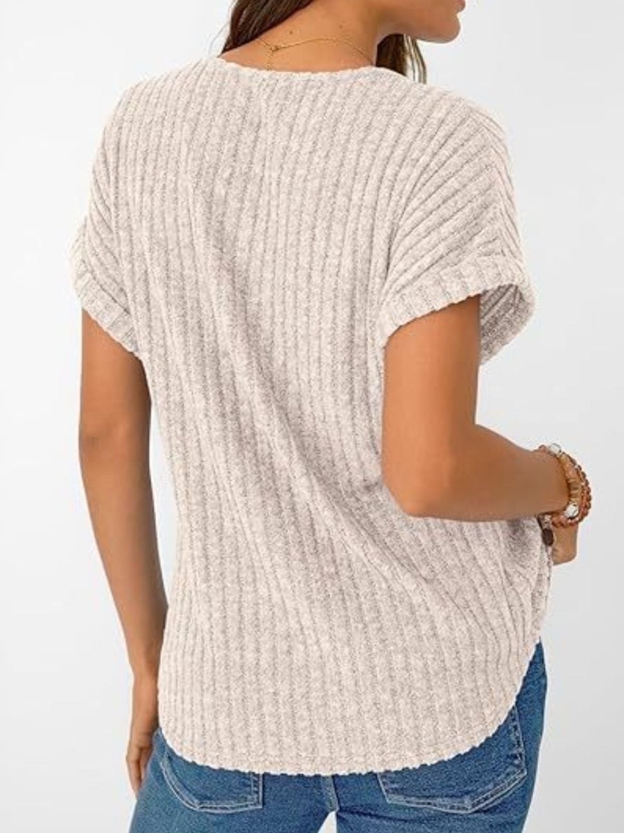 Ribbed Knit V - Neck Relaxed Fit T-Shirt - Wow Store