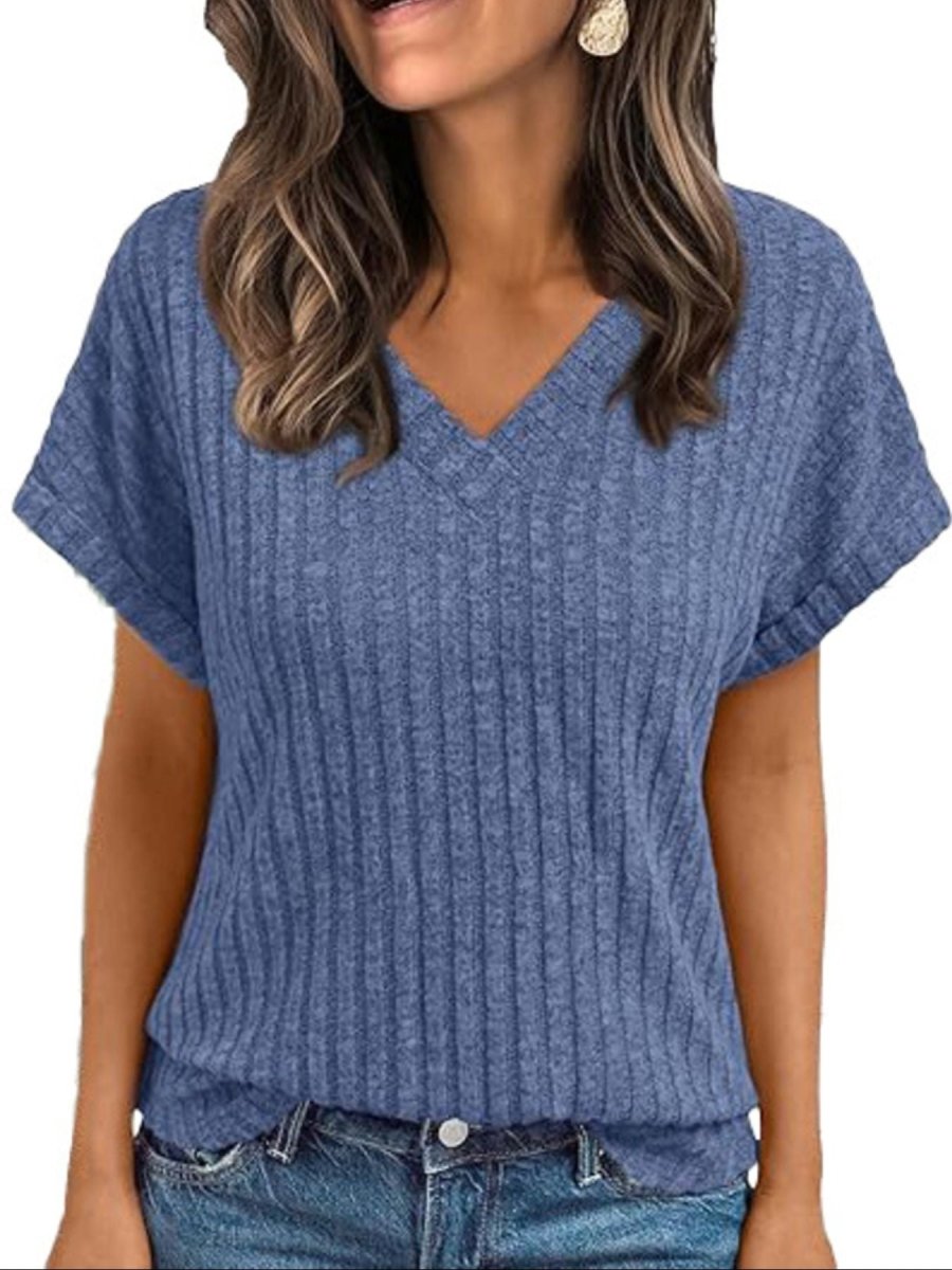 Ribbed Knit V - Neck Relaxed Fit T-Shirt - Wow Store