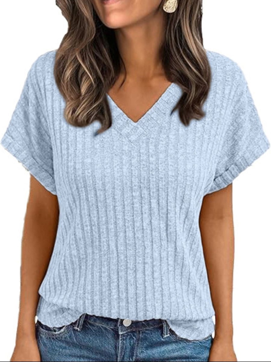 Ribbed Knit V - Neck Relaxed Fit T-Shirt - Wow Store