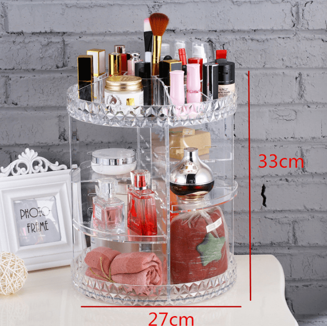 Clear diamond-pattern makeup organiser with printed measurements: 33 cm high and 27 cm across