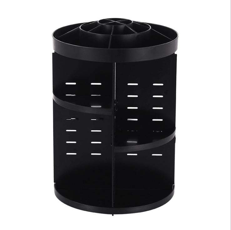 Black rotating makeup organiser, empty, with a compartment tray on top and slotted centre panels