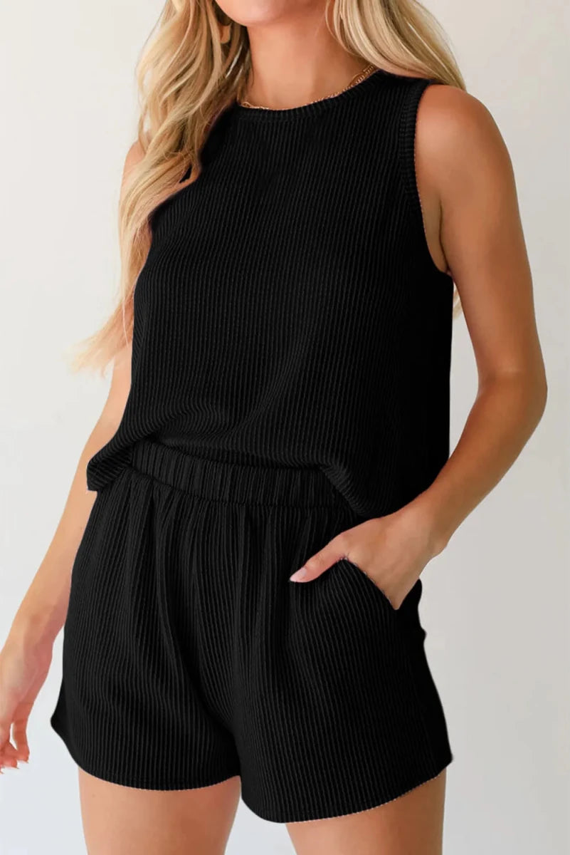 Round Neck Sleeveless Top and Shorts Set - Wow Store