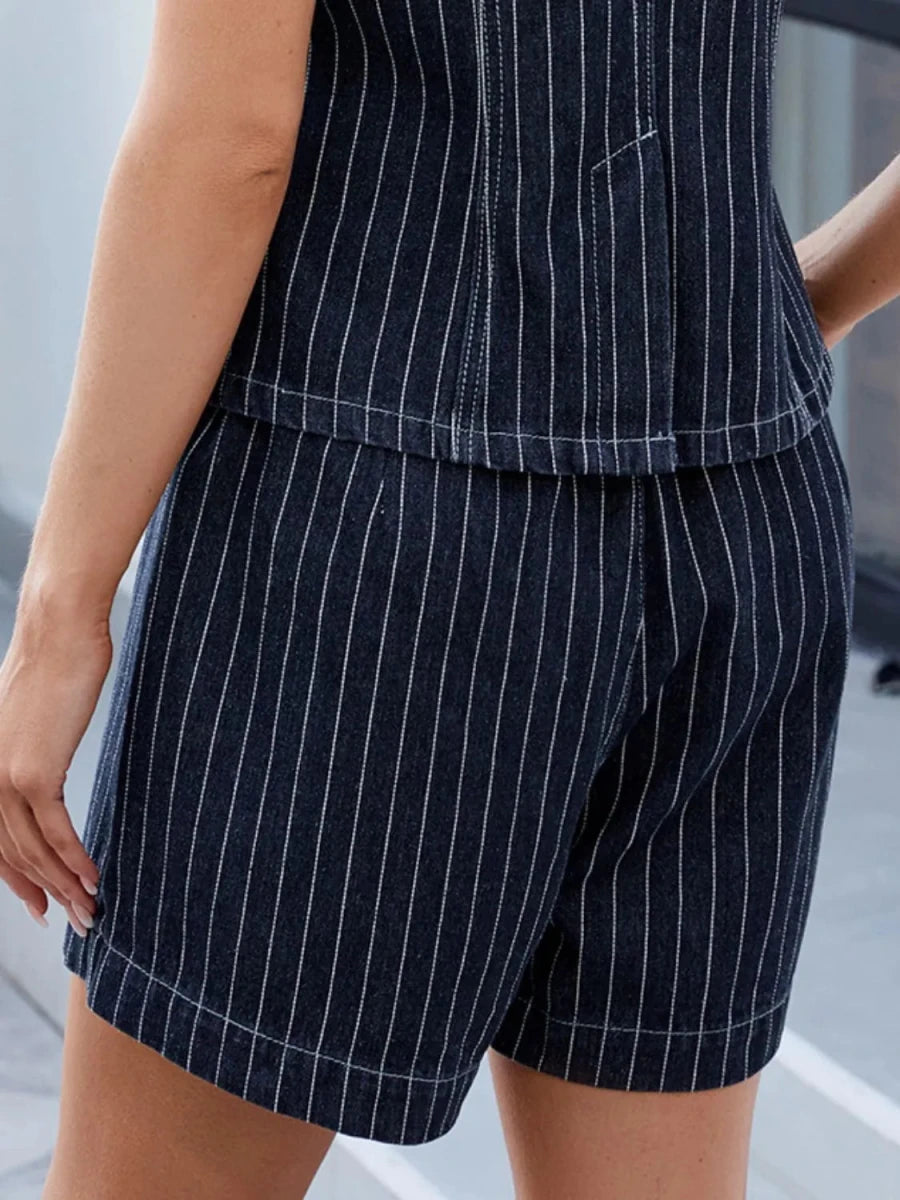 Round Neck Striped Top and Shorts Denim Set - Wow Store