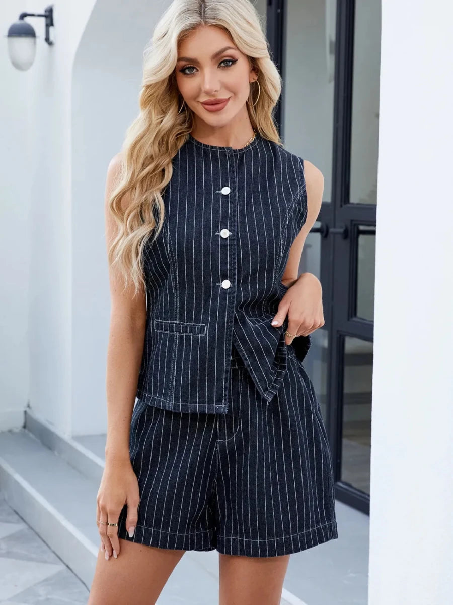 Round Neck Striped Top and Shorts Denim Set - Wow Store