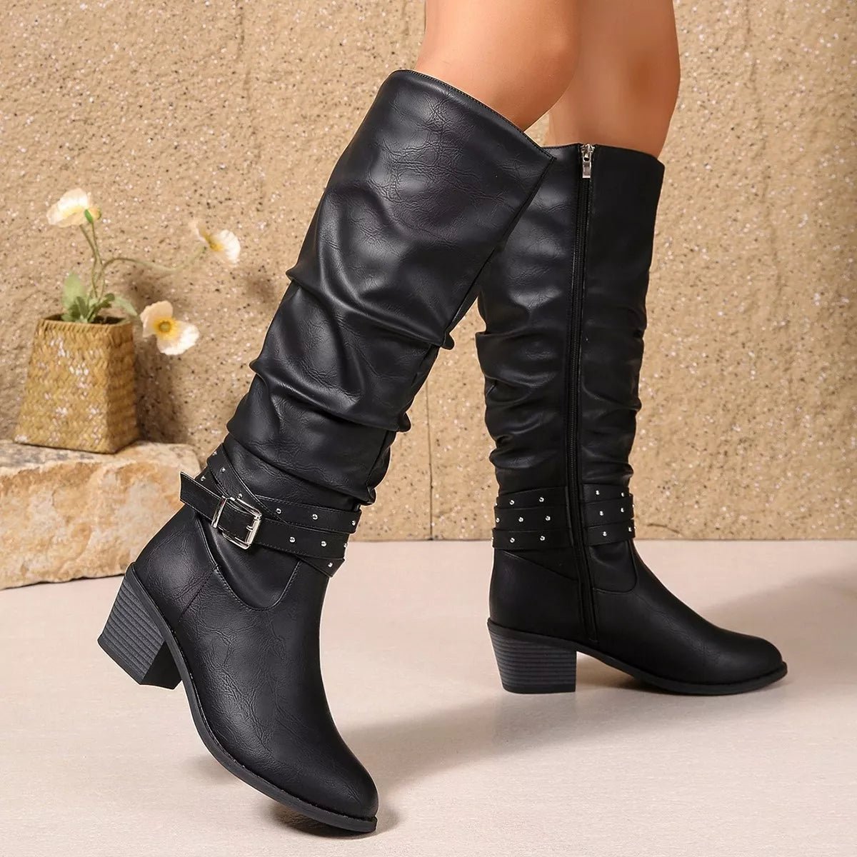 Round Toe Block Heels Boots - Wow Store