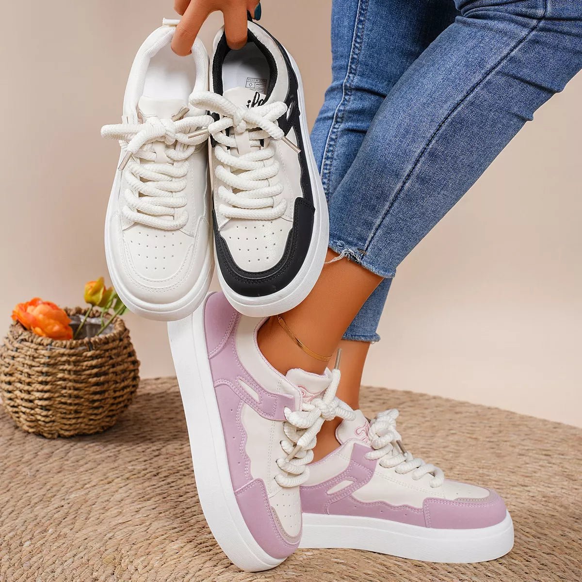 Round toe platform sneakers in black with sleek PU leather upper and rubber sole — comfortable mid-heel casual shoes for wome