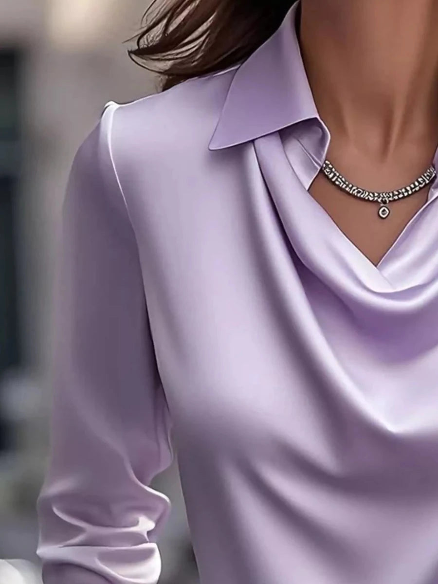 Ruched Long Sleeve Drape Collar Blouse - Wow Store