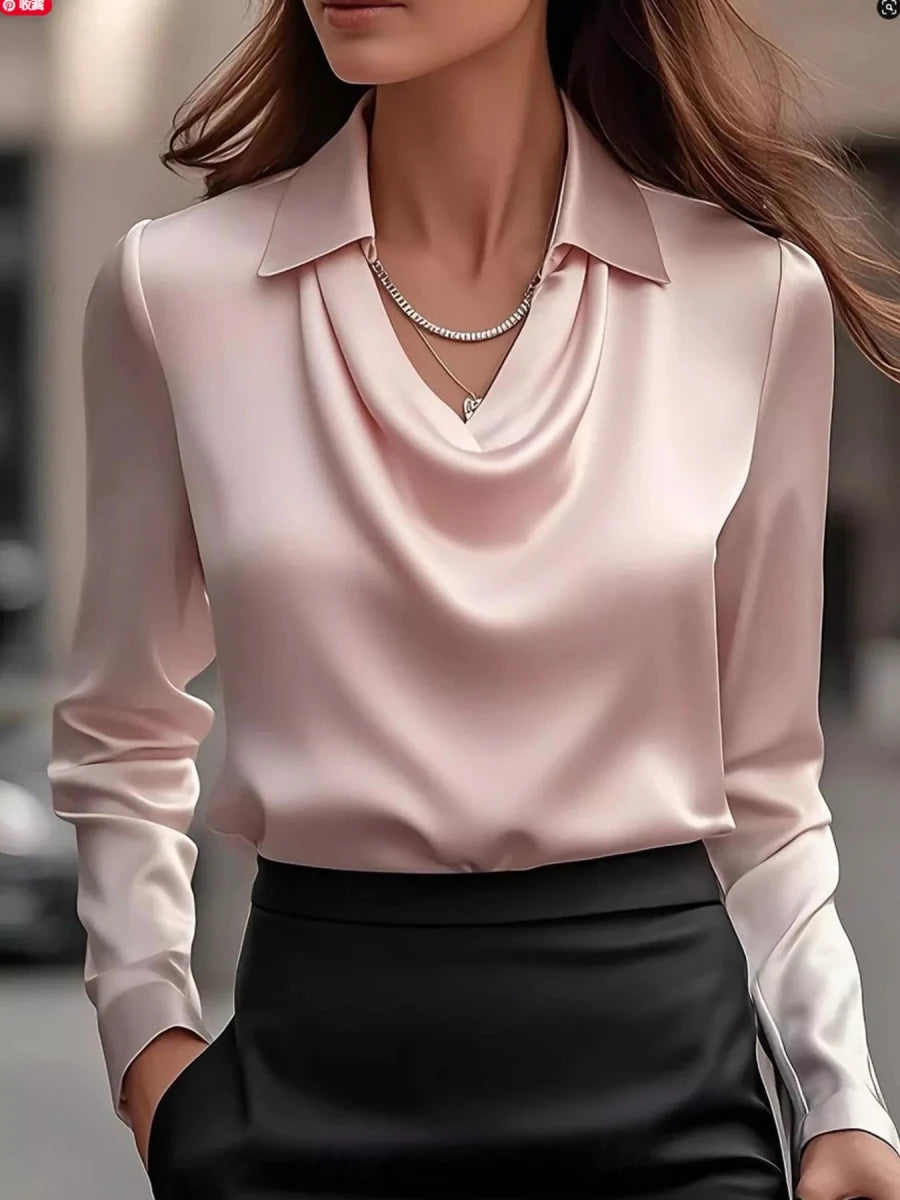 Ruched Long Sleeve Drape Collar Blouse - Wow Store