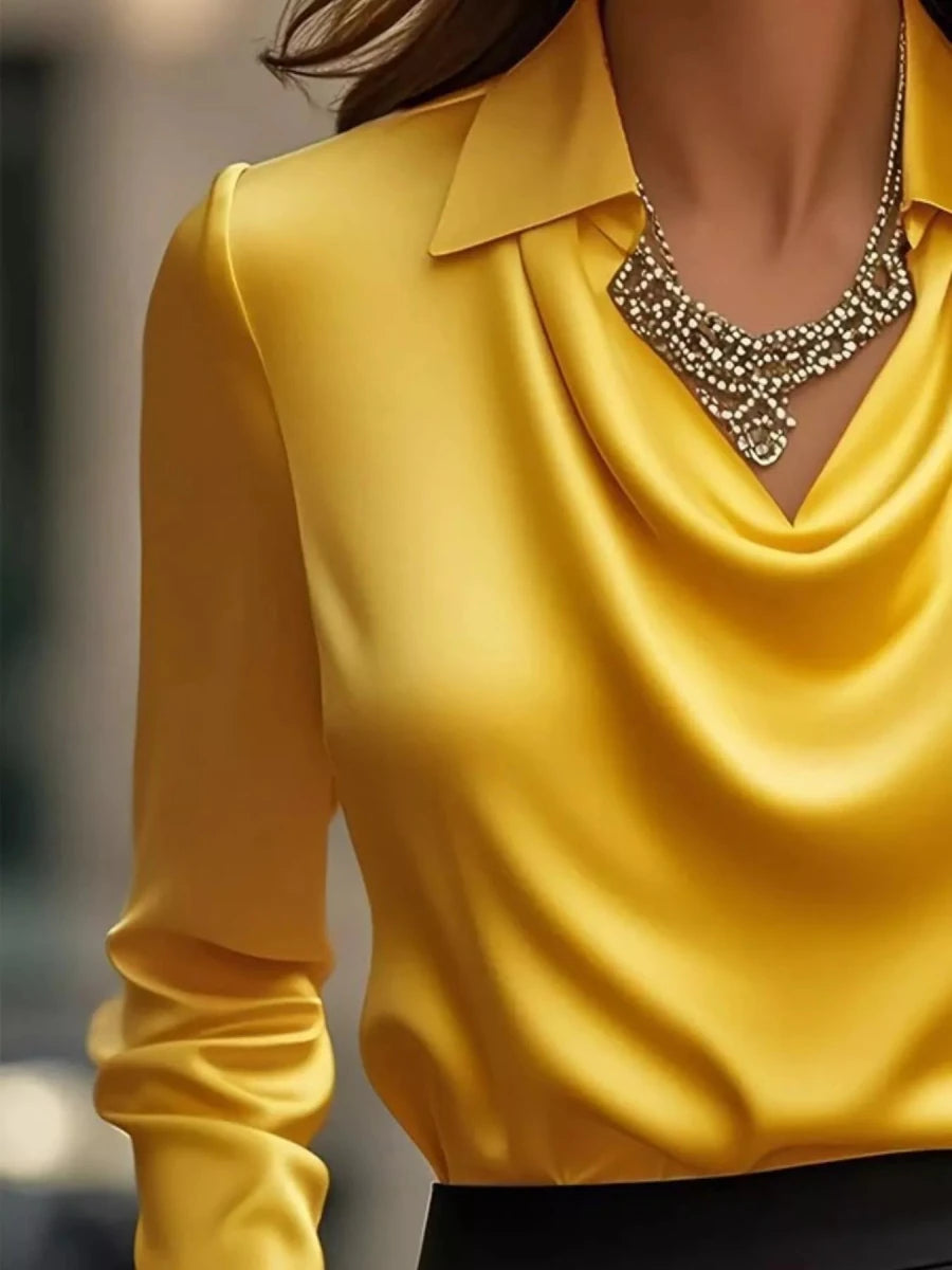 Ruched Long Sleeve Drape Collar Blouse - Wow Store
