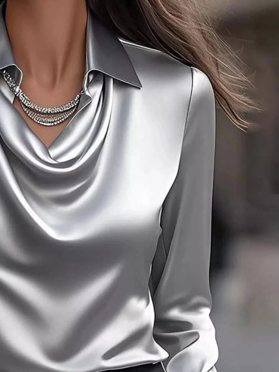 Ruched Long Sleeve Drape Collar Blouse - Wow Store