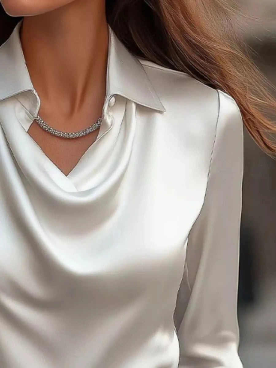 Ruched Long Sleeve Drape Collar Blouse - Wow Store