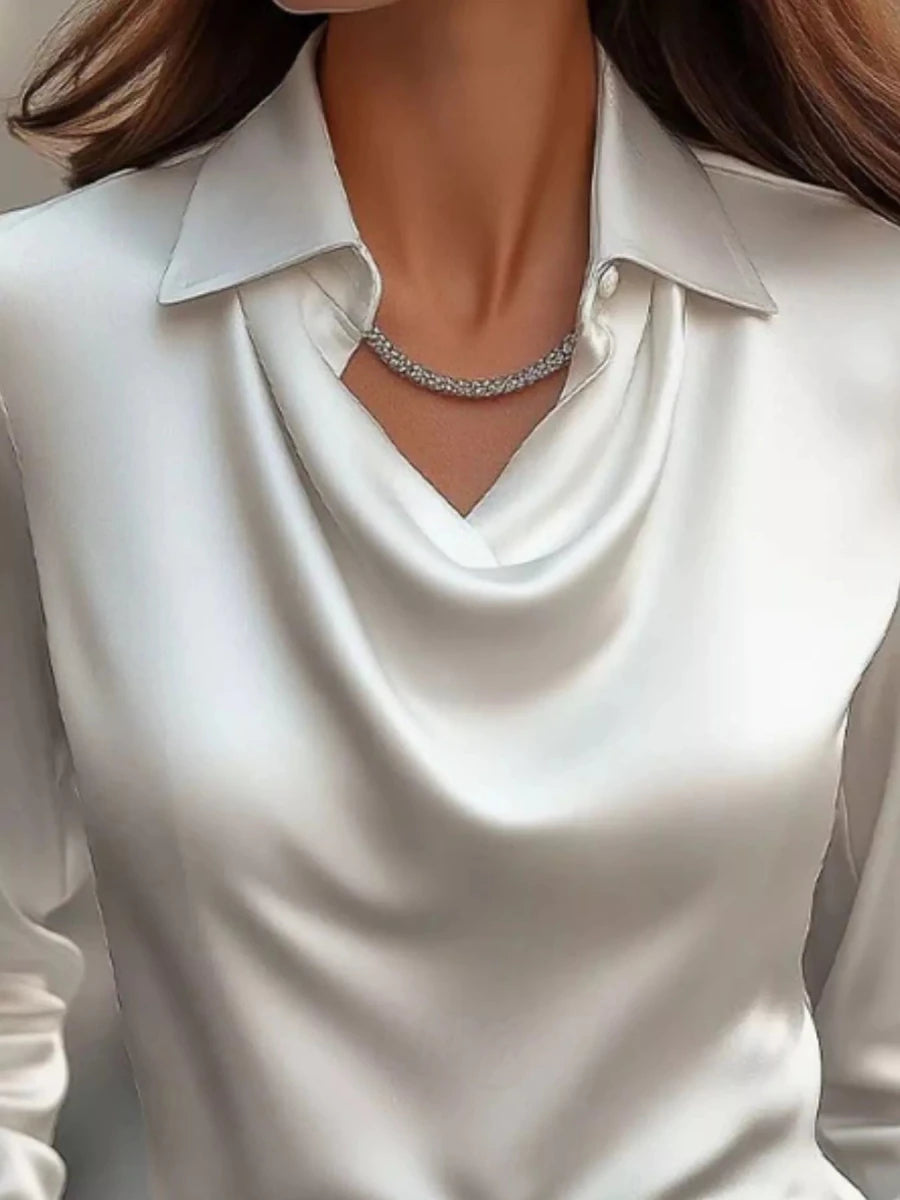 Ruched Long Sleeve Drape Collar Blouse - Wow Store