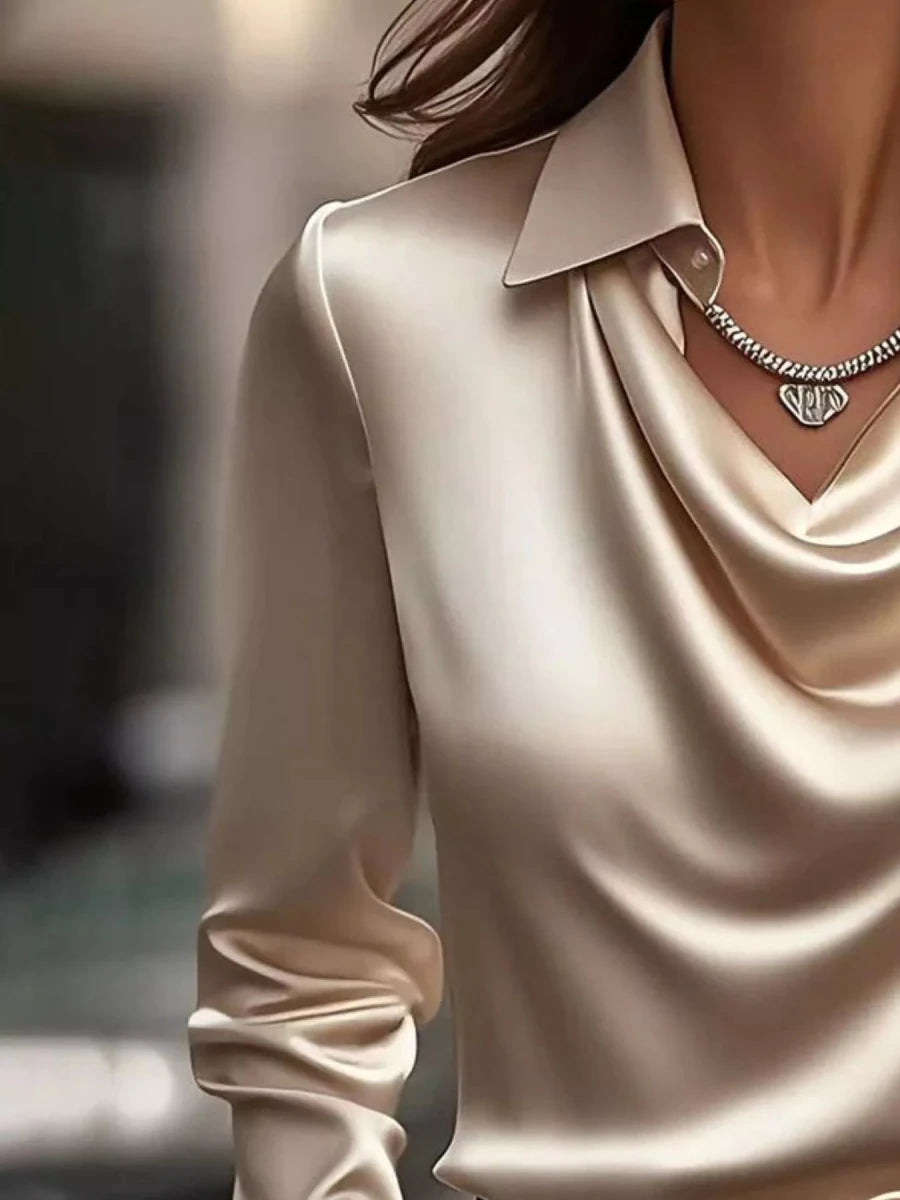 Ruched Long Sleeve Drape Collar Blouse - Wow Store