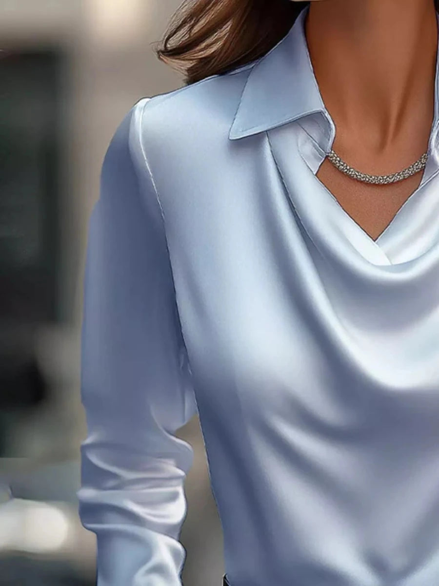 Ruched Long Sleeve Drape Collar Blouse - Wow Store