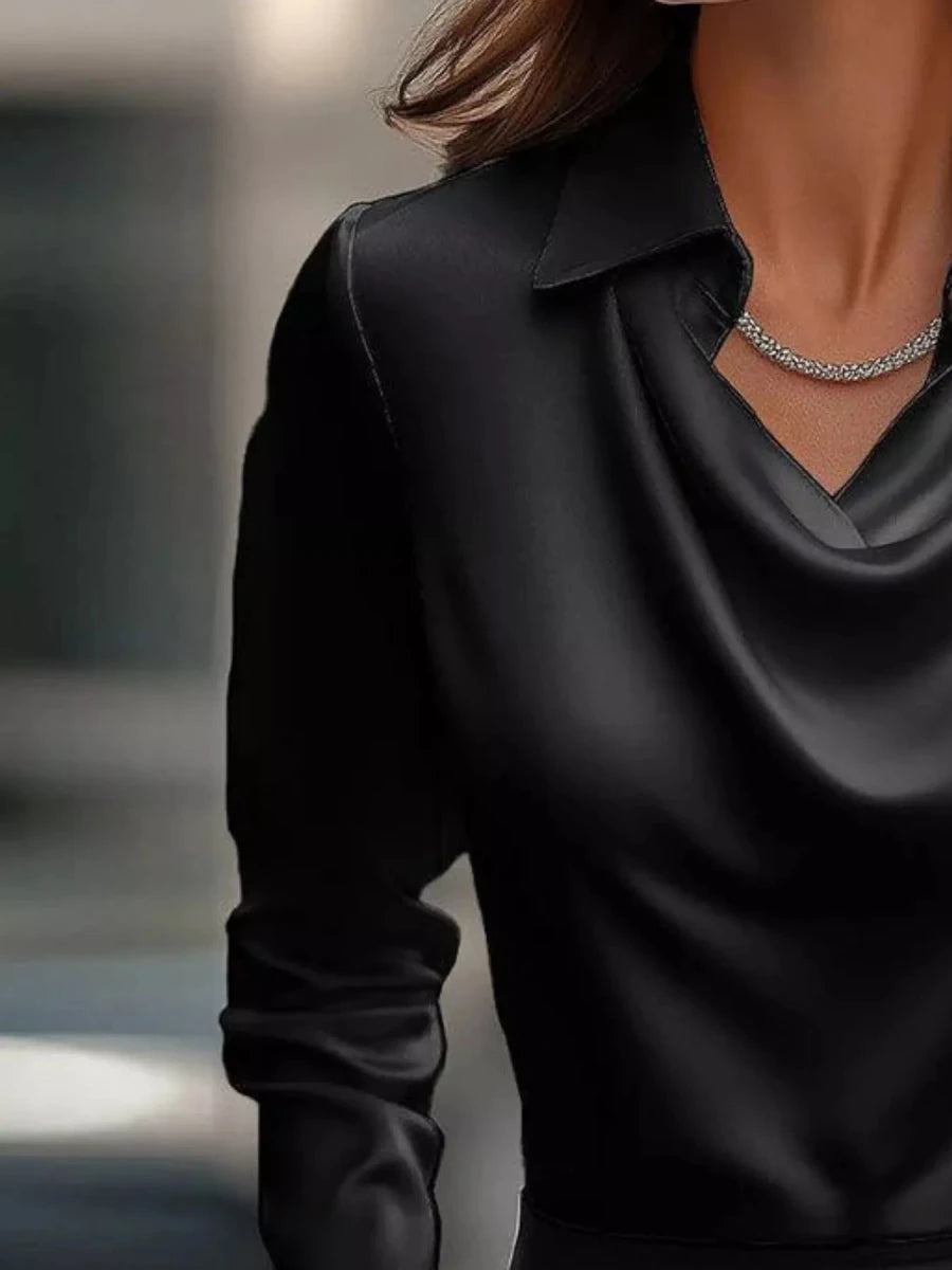 Ruched Long Sleeve Drape Collar Blouse - Wow Store