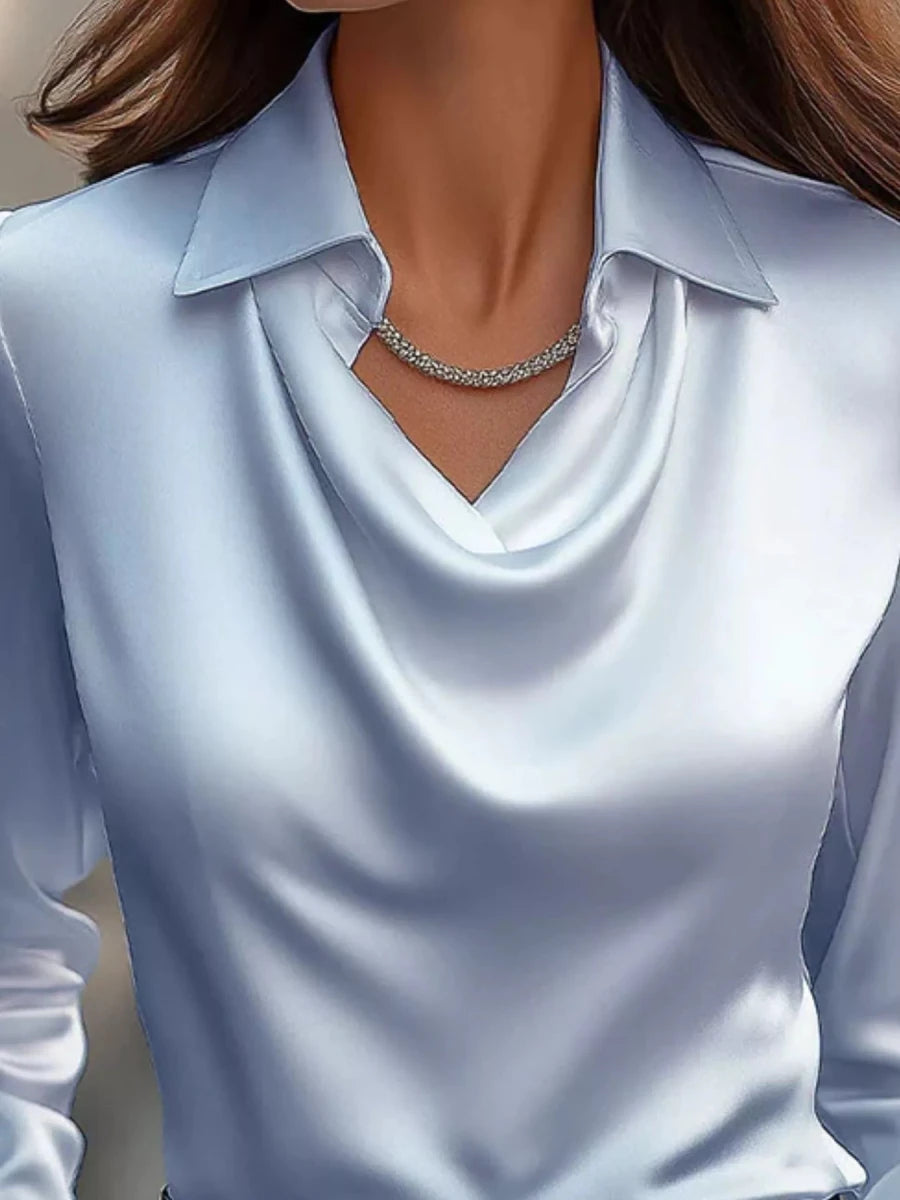 Ruched Long Sleeve Drape Collar Blouse - Wow Store
