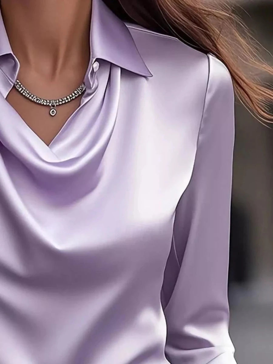 Ruched Long Sleeve Drape Collar Blouse - Wow Store
