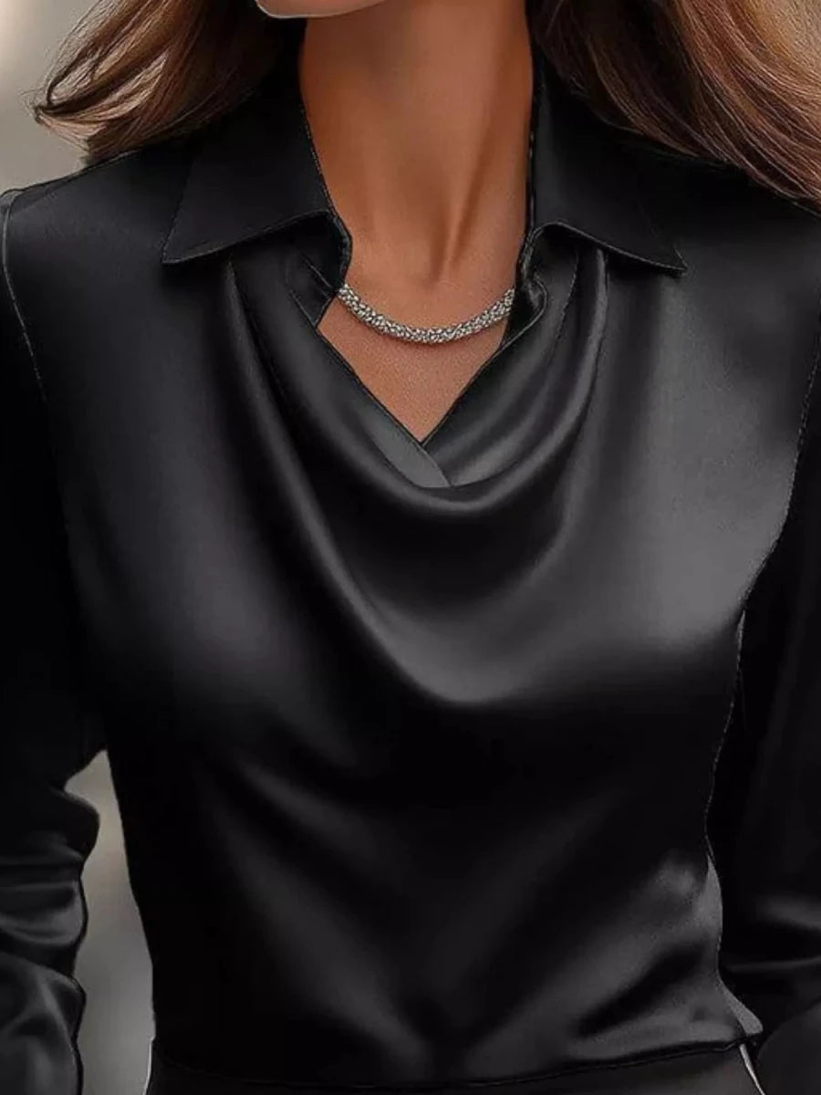 Ruched Long Sleeve Drape Collar Blouse - Wow Store