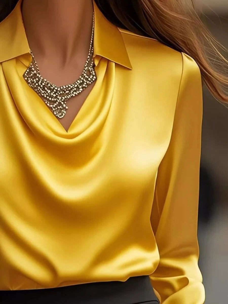Ruched Long Sleeve Drape Collar Blouse - Wow Store