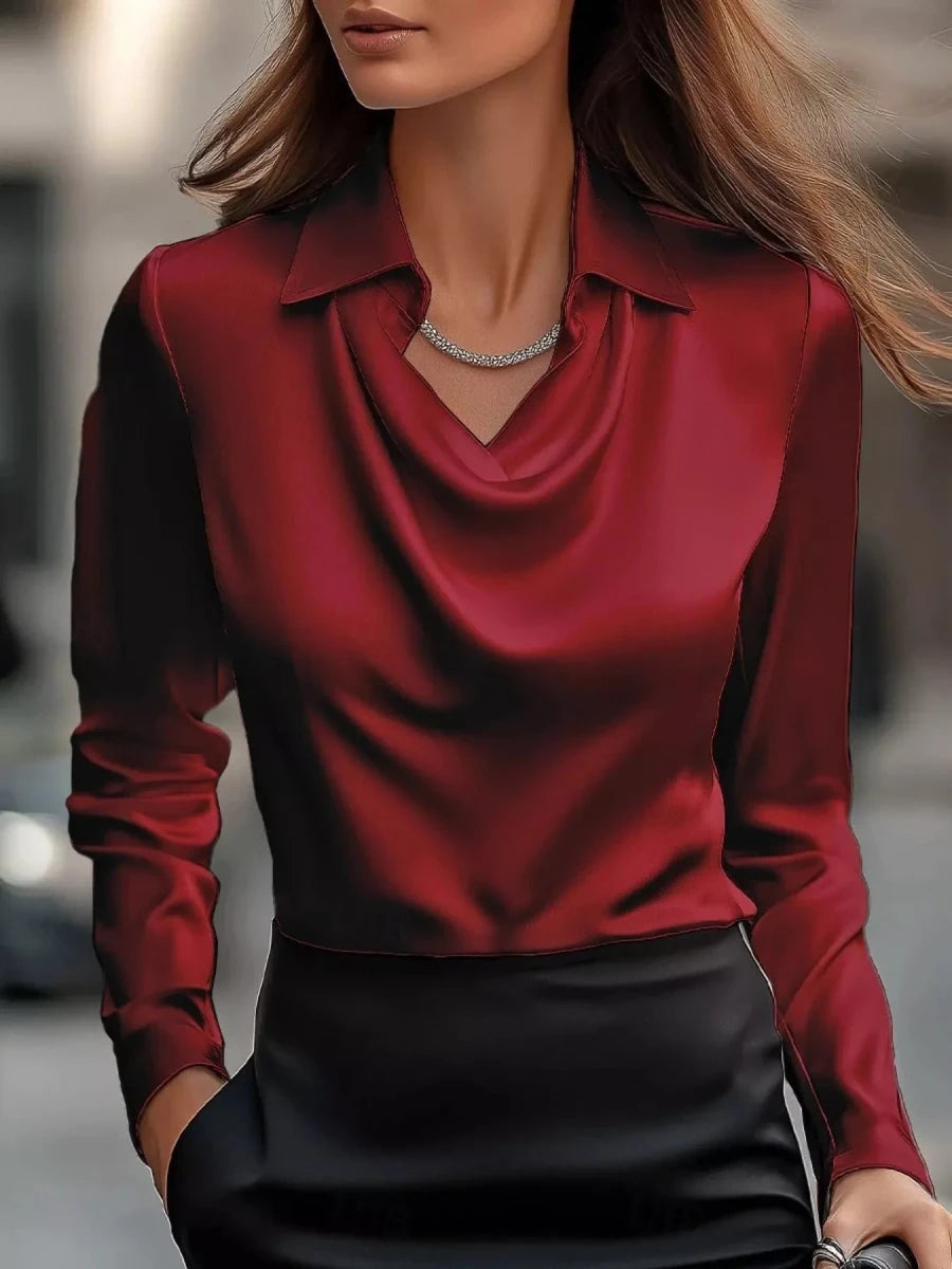 Ruched Long Sleeve Drape Collar Blouse - Wow Store