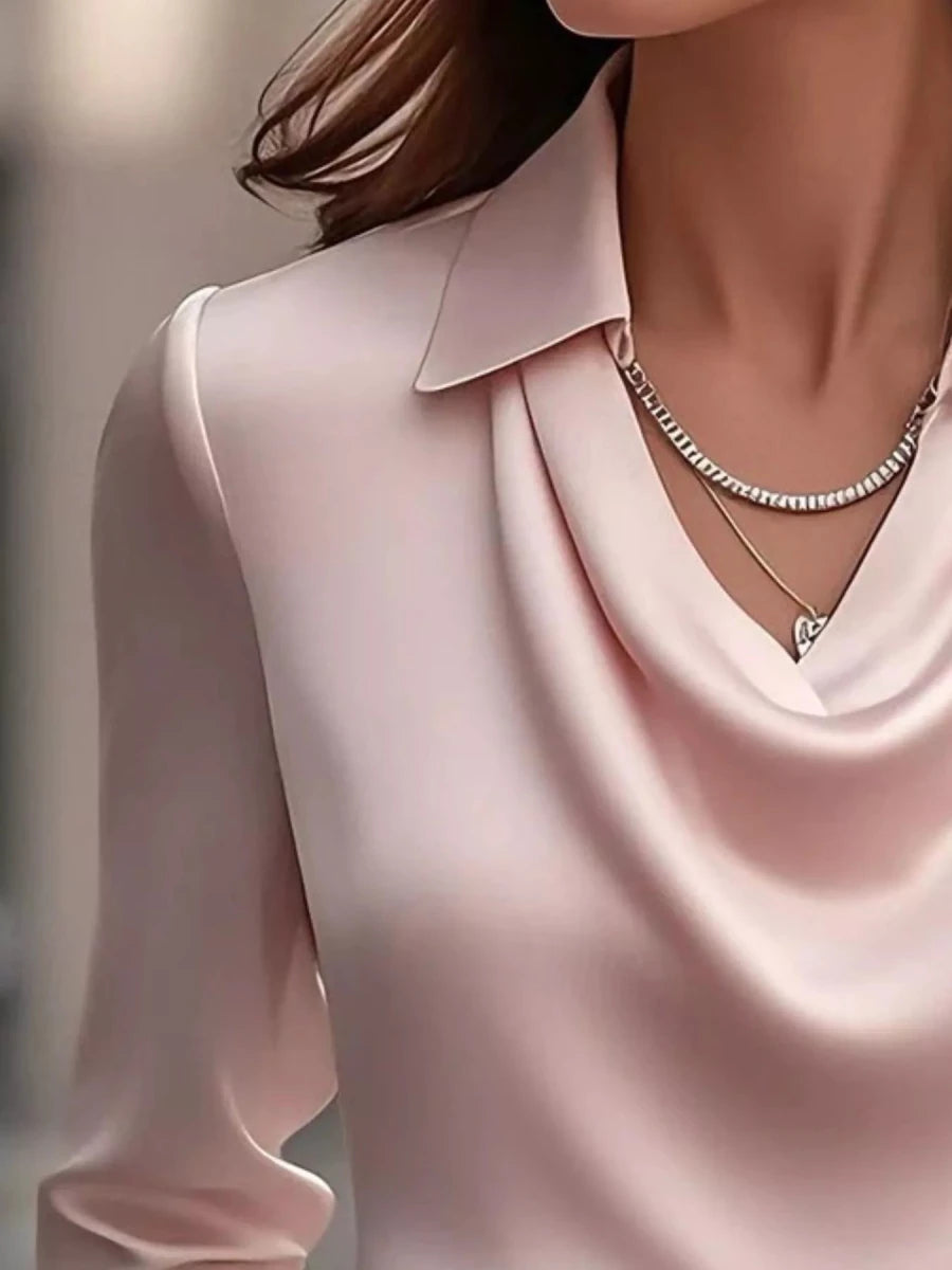 Ruched Long Sleeve Drape Collar Blouse - Wow Store