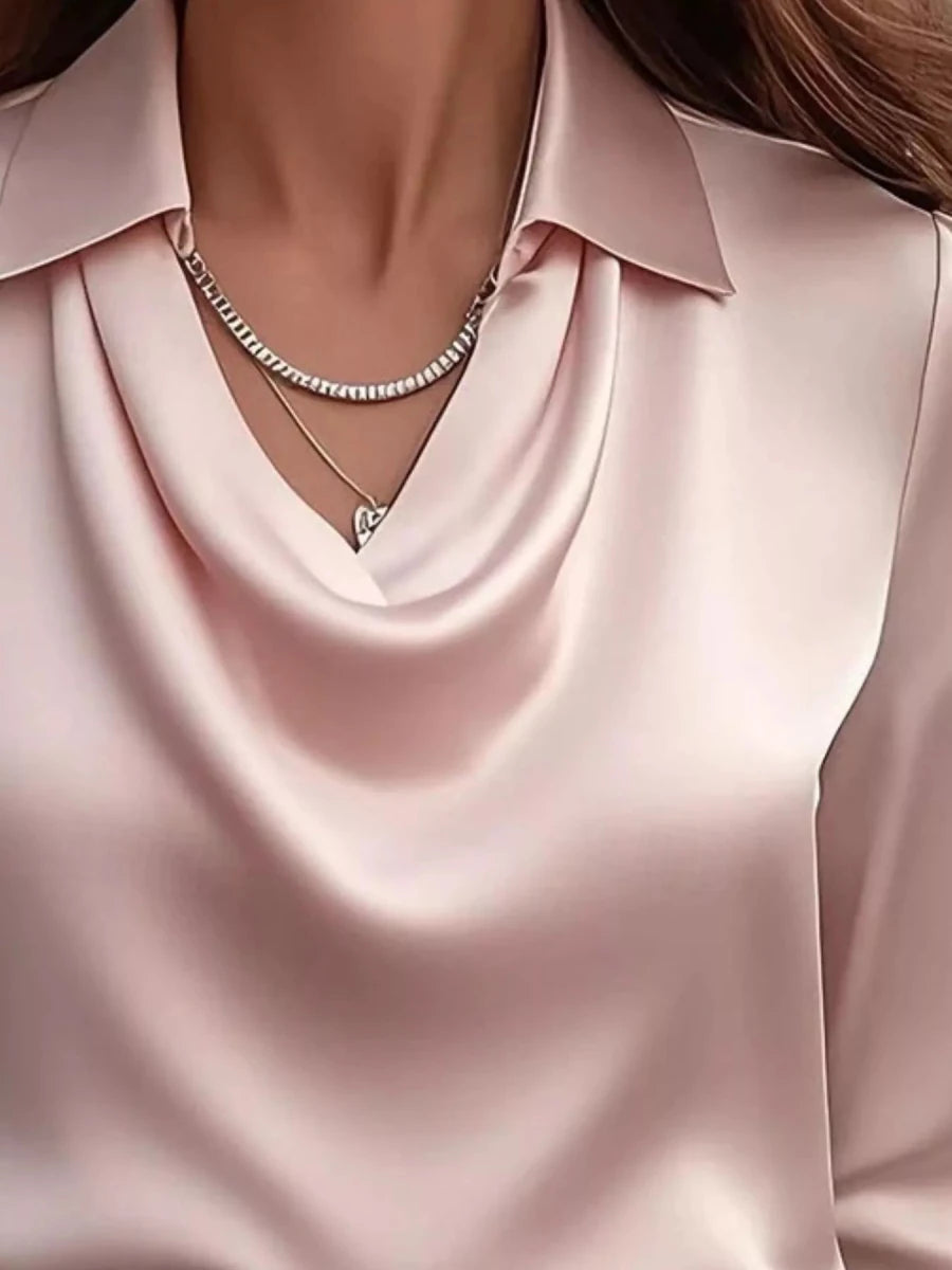 Ruched Long Sleeve Drape Collar Blouse - Wow Store