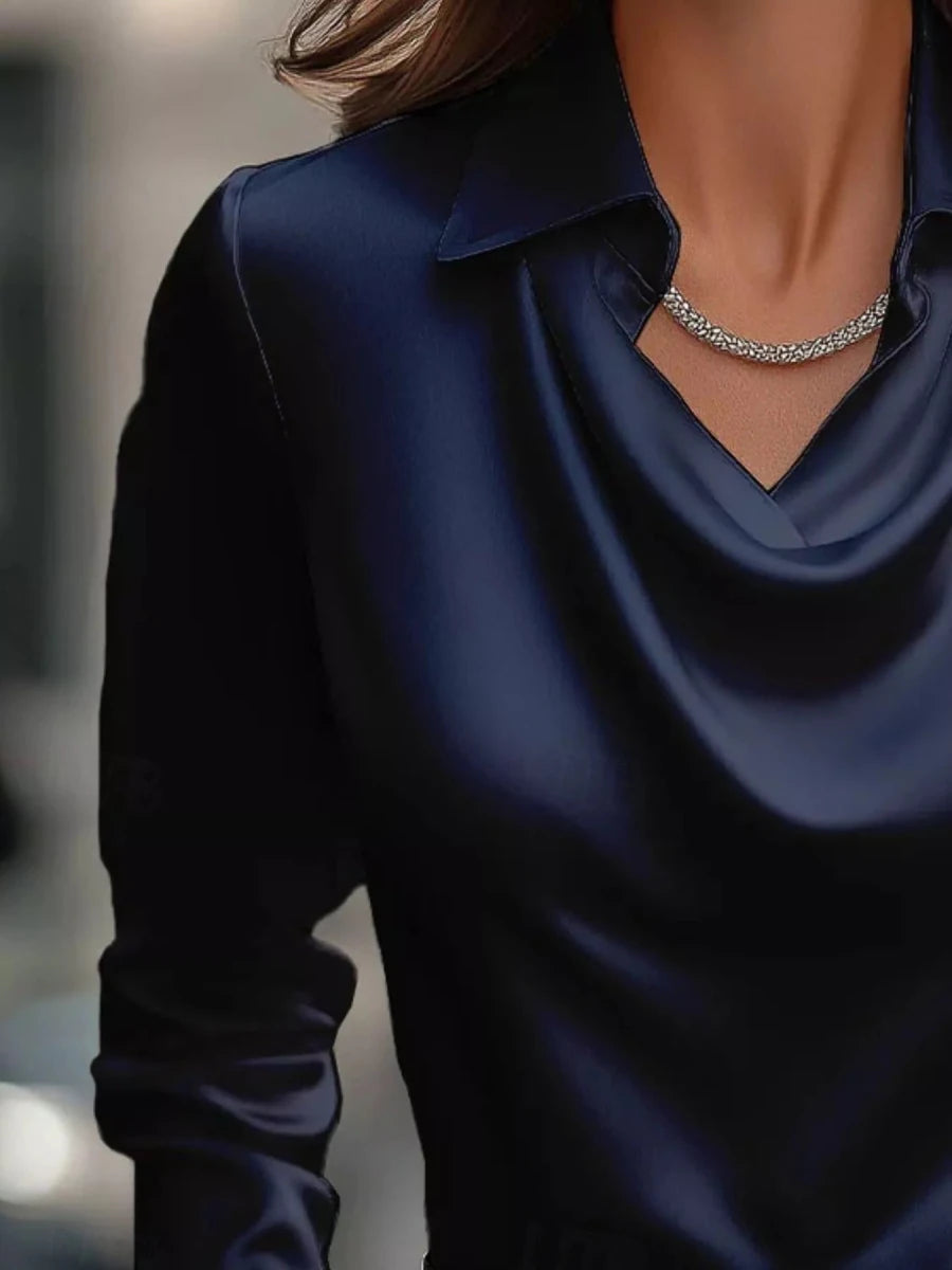 Ruched Long Sleeve Drape Collar Blouse - Wow Store