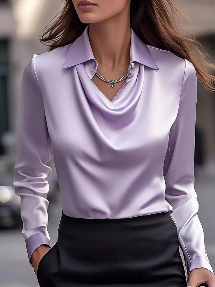 Ruched Long Sleeve Drape Collar Blouse - Wow Store