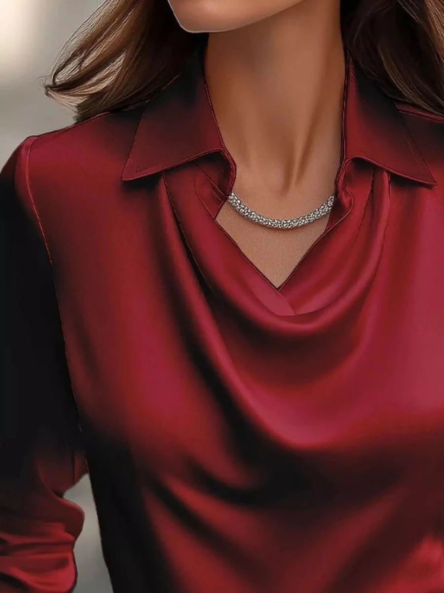 Ruched Long Sleeve Drape Collar Blouse - Wow Store