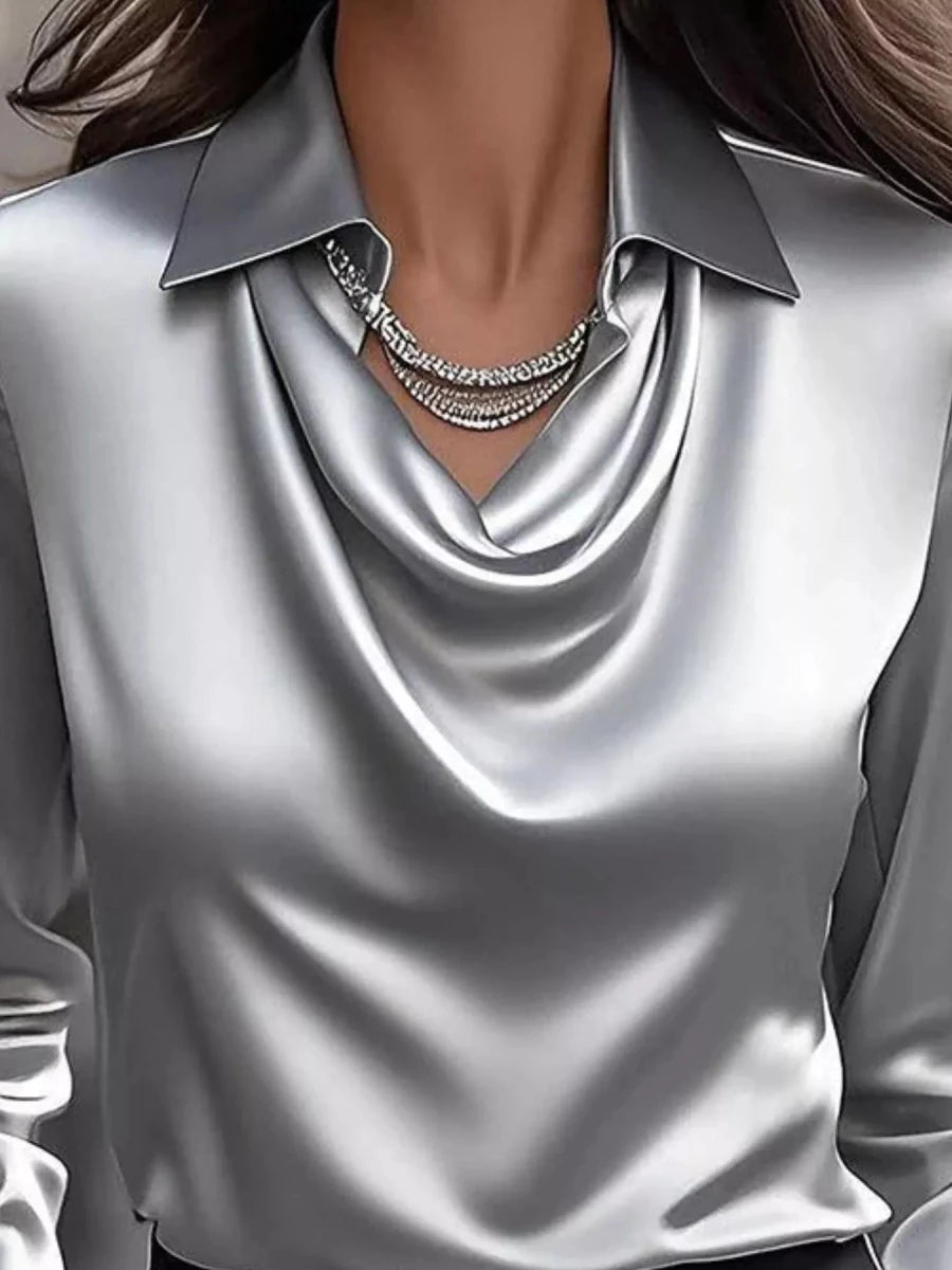 Ruched Long Sleeve Drape Collar Blouse - Wow Store