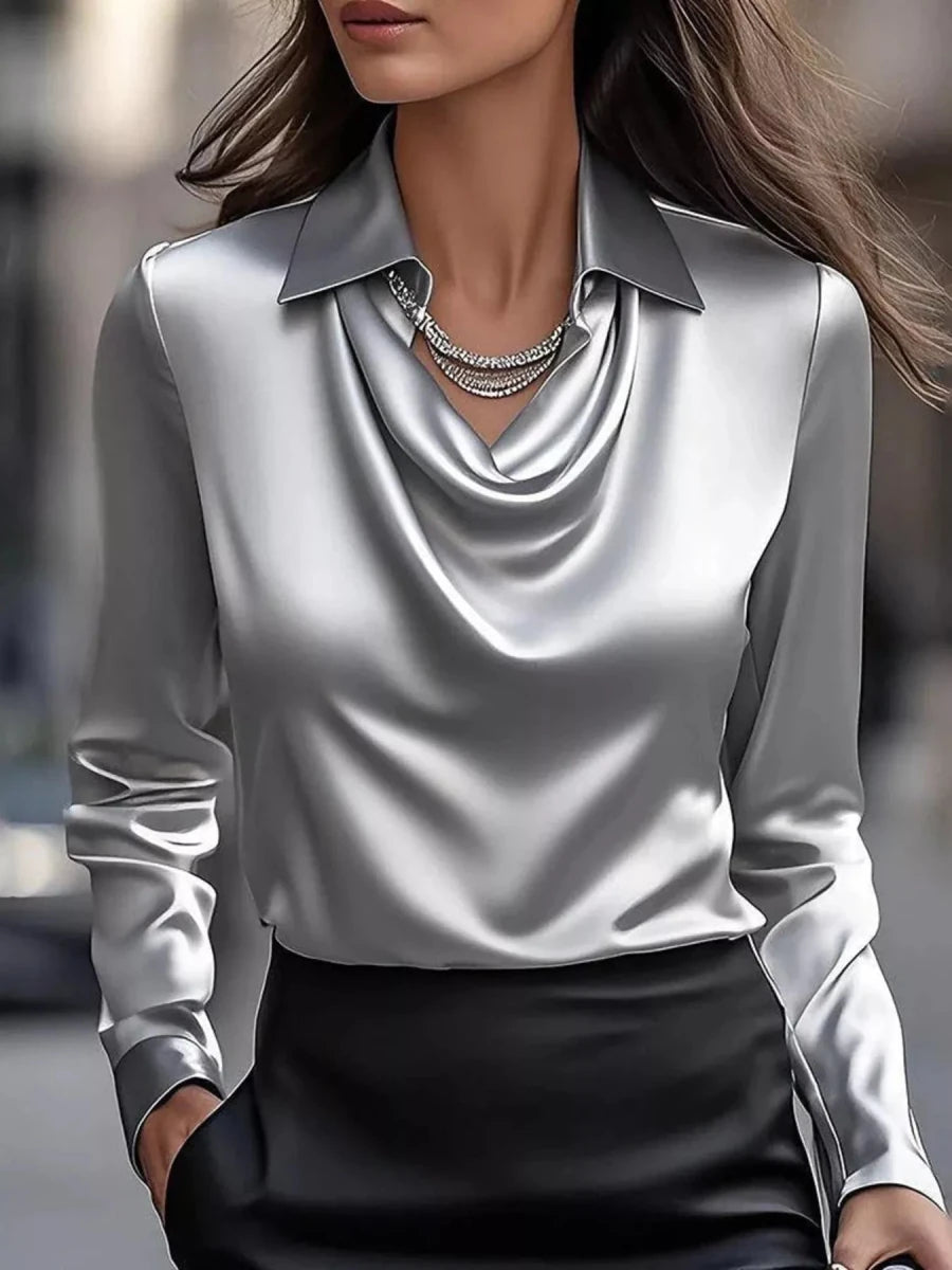 Ruched Long Sleeve Drape Collar Blouse - Wow Store