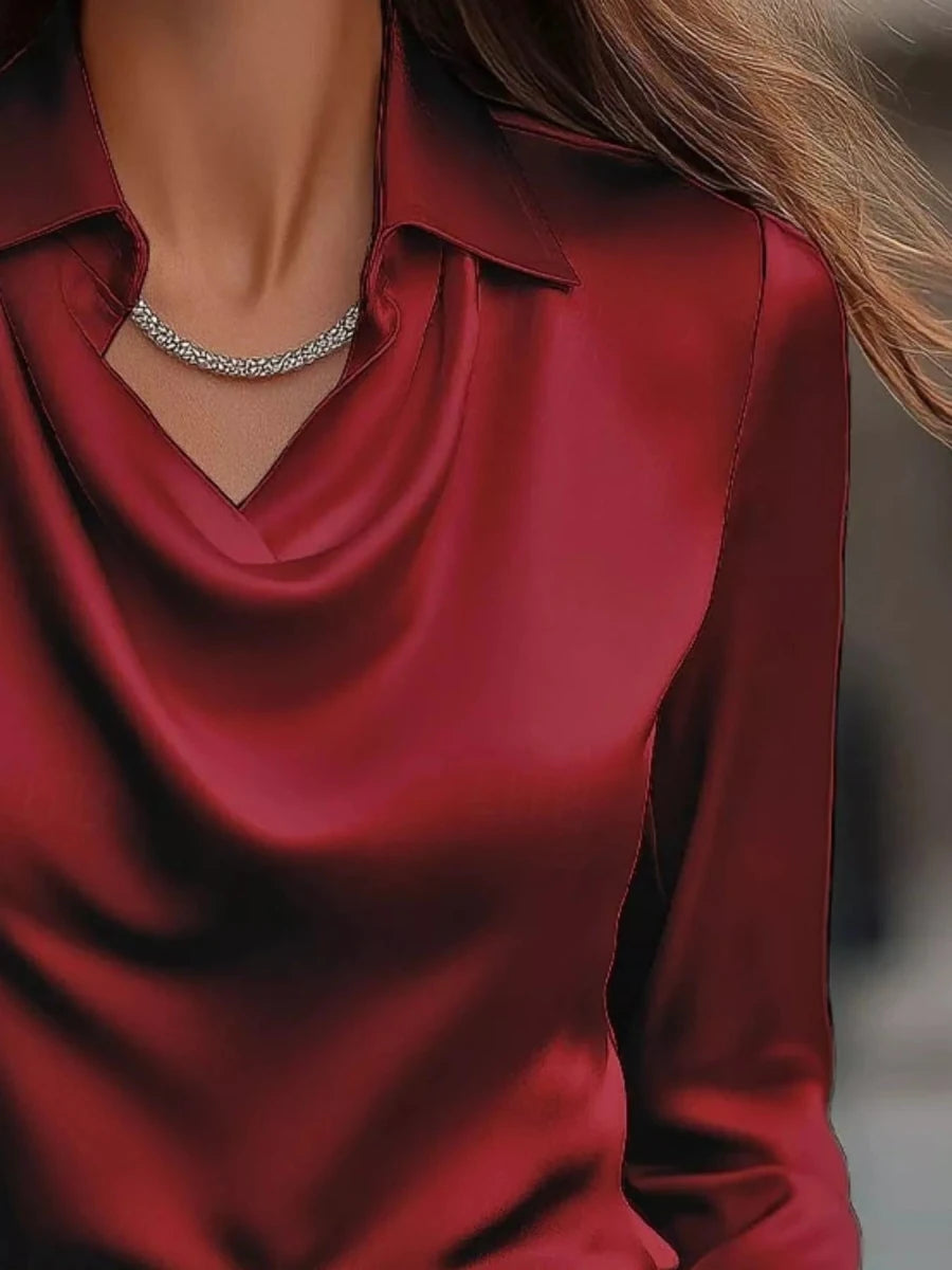 Ruched Long Sleeve Drape Collar Blouse - Wow Store