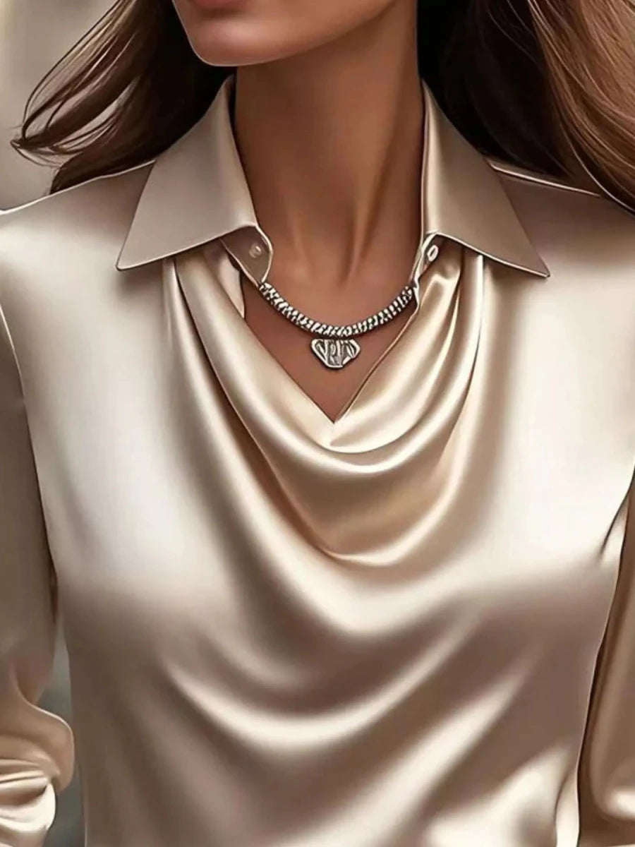 Ruched Long Sleeve Drape Collar Blouse - Wow Store