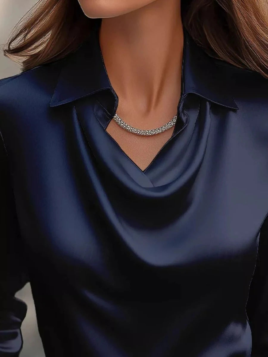 Ruched Long Sleeve Drape Collar Blouse - Wow Store