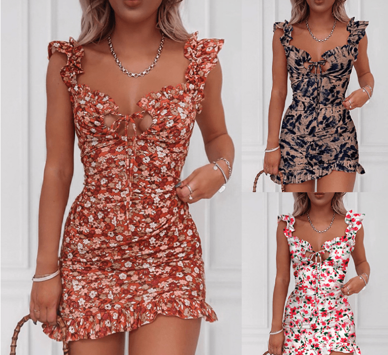 Floral ruffle mini dress in three prints: rust red, navy with tan and white with red flowers