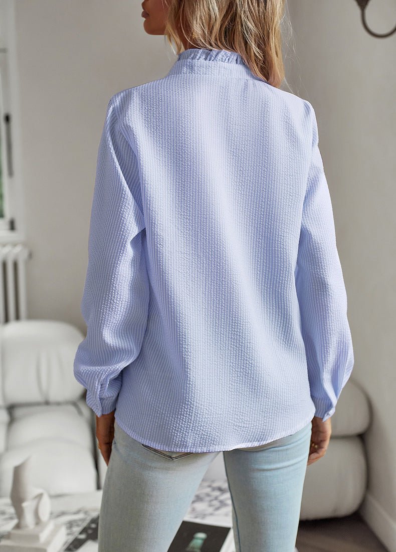 Back view of the blue stripe blouse