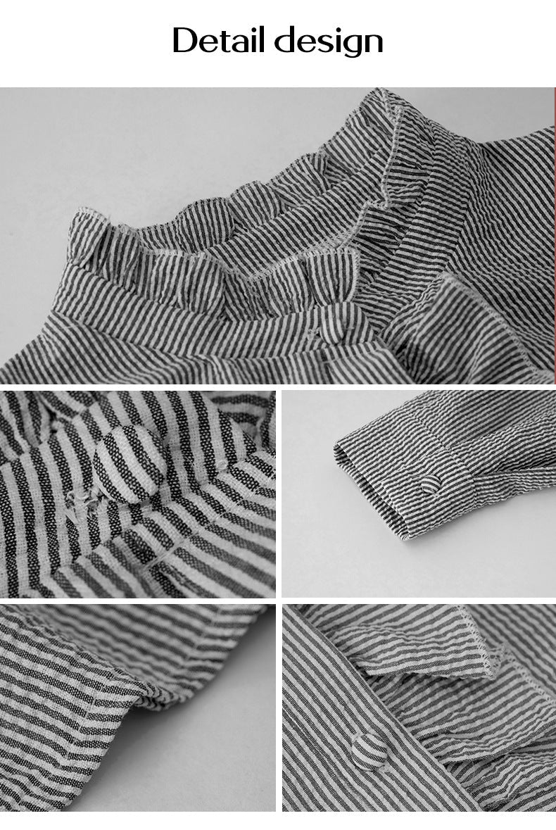 Detail photos of the black pinstripe fabric: ruffled collar, placket and button cuff