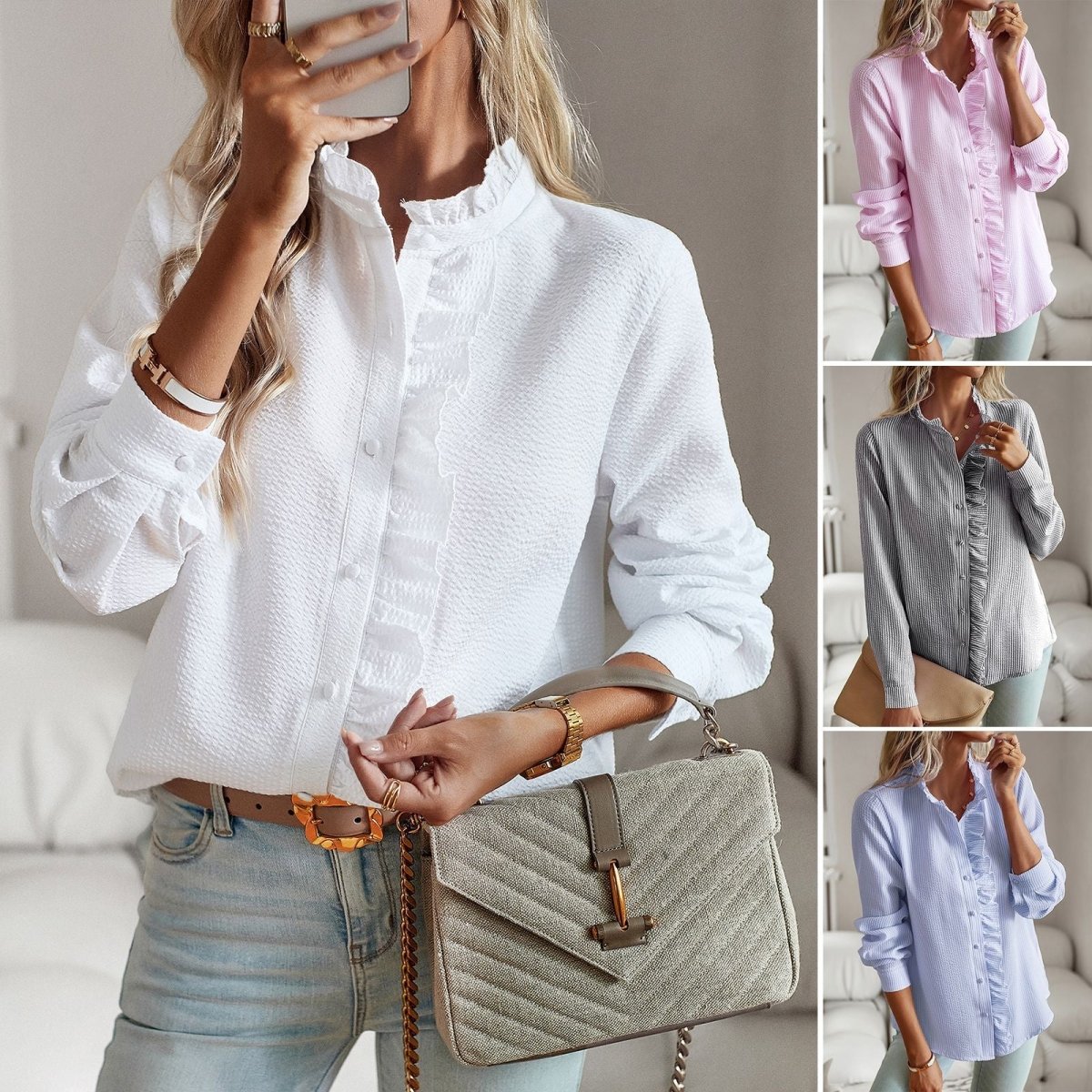 White stand-collar blouse with ruffles at the neck and down the button placket, worn with jeans and a belt; small photos of the pink, grey and blue versions