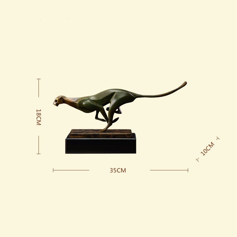 Bronze green leopard sculpture with measurements: 35 cm long, 18 cm high, 10 cm deep
